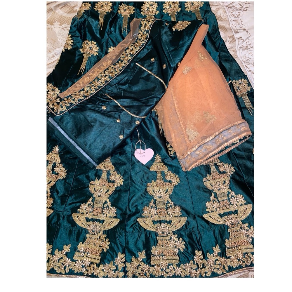 Unstitched - Dark Green / Peach / Gold Lehenga